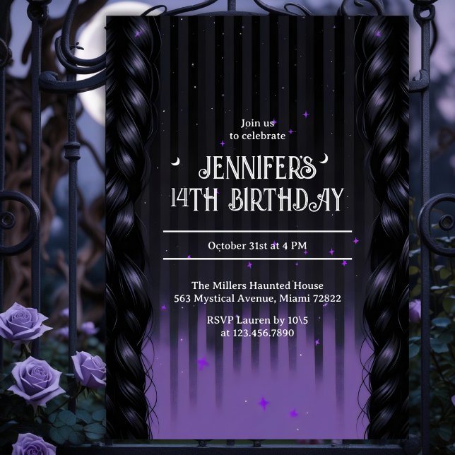 Gothic Girl Braids Purple Teen Birthday Party Invitation (Gothic Braids Purple Teen Birthday – Spooky Cute Dark Academia (Age Editable))