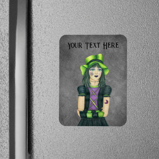 Gothic Girl Green Hat Tattoos Gloves on Grey Magnet
