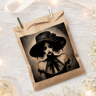 Gothic Girl in Black Dress and Hat Halloween Favour Bags
