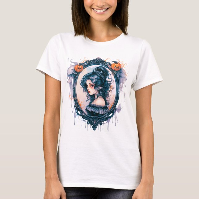 Gothic Girl in Victorian Mirror Halloween T-Shirt (Front)