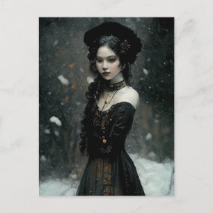 Gothic Girl in winter. Snowing. Postcard