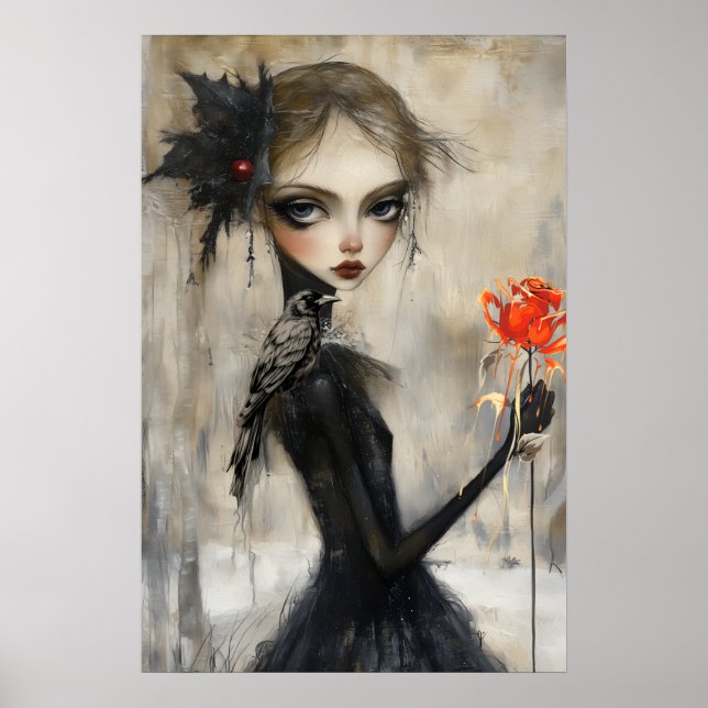 Gothic Girl Raven Red Rose  Poster (Front)