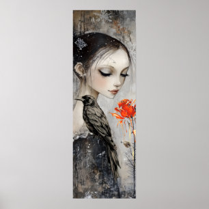 Gothic Girl Raven Red Rose Poster