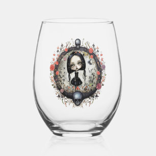 Gothic Girl with Flower Wreath Stemless Wine Glass