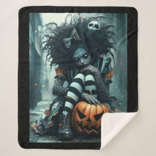 Gothic Girl with Pumpkin and Skull – Dark and Cosy Sherpa Blanket