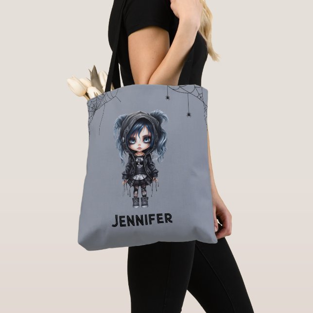 Gothic Girl with Spiderwebs and Spiders Halloween Tote Bag (Close Up)