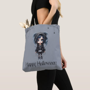 Gothic Girl with Spiderwebs and Spiders Halloween Tote Bag
