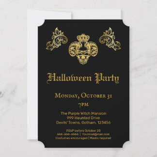 Gothic Glam Black & Gold Skull Halloween Party Invitation