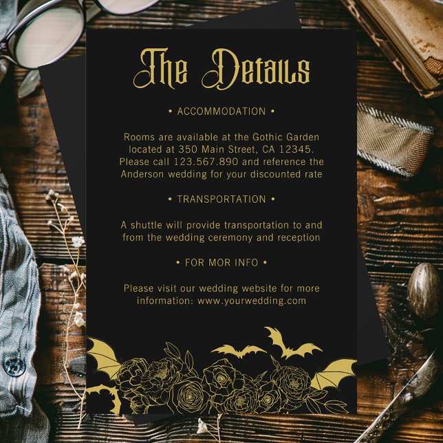 Gothic Glam Black Gold Wedding Details Enclosure Card (Creator Uploaded)