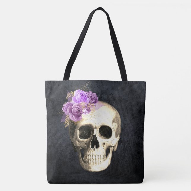 Gothic Glam Skull  Purple Roses Halloween Tote Bag (Front)