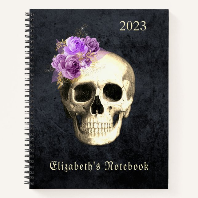  Gothic Glam Skull Purple Roses Personalized  Notebook (Front)