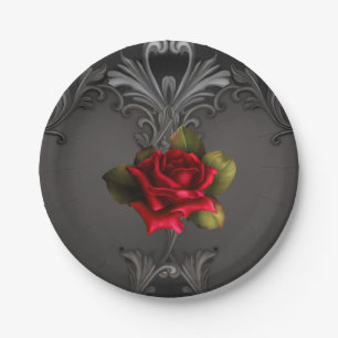 Gothic Glamour Red Rose Black Ornamental Glam Paper Plate