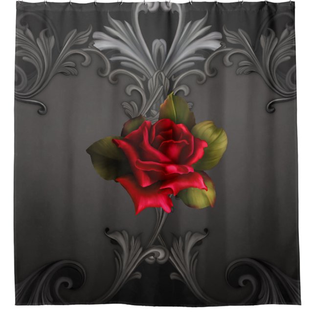 Gothic Glamour Red Rose Black Ornamental Glam Shower Curtain (Front)