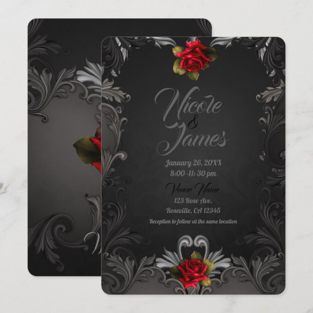 Gothic Glamour Red Rose Black Ornamental Wedding Invitation (Front/Back)