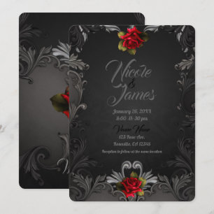 Gothic Glamour Red Rose Black Ornamental Wedding Invitation