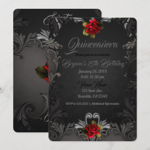 Gothic Glamour Red Rose Ornamental Quinceañera Invitation