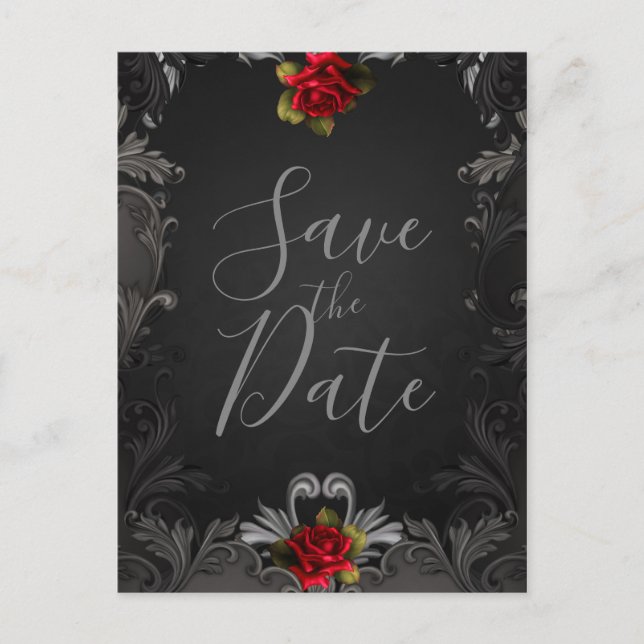 Gothic Glamour Red Rose Ornamental Save the Date Announcement Postcard (Front)