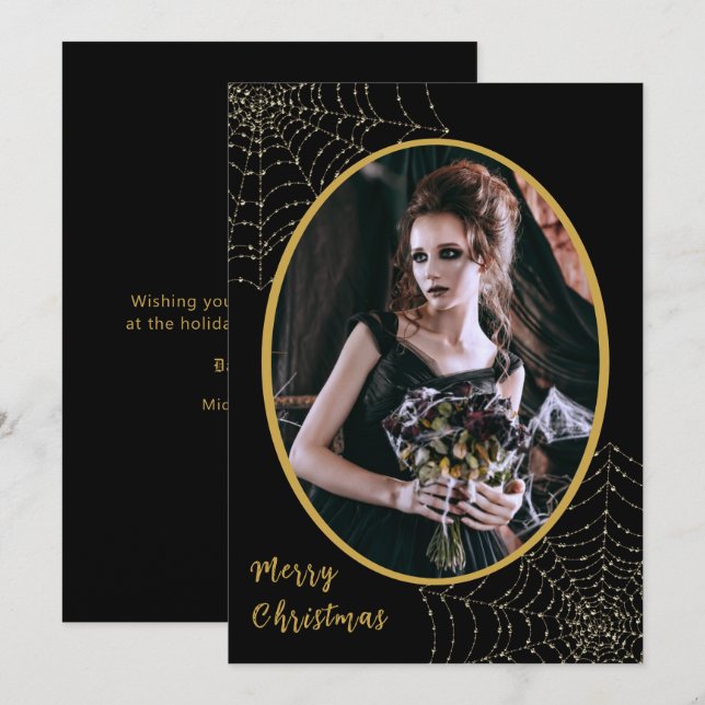 Gothic Glitter Spider Web Merry Christmas 1 Photo  Holiday Card (Front/Back)