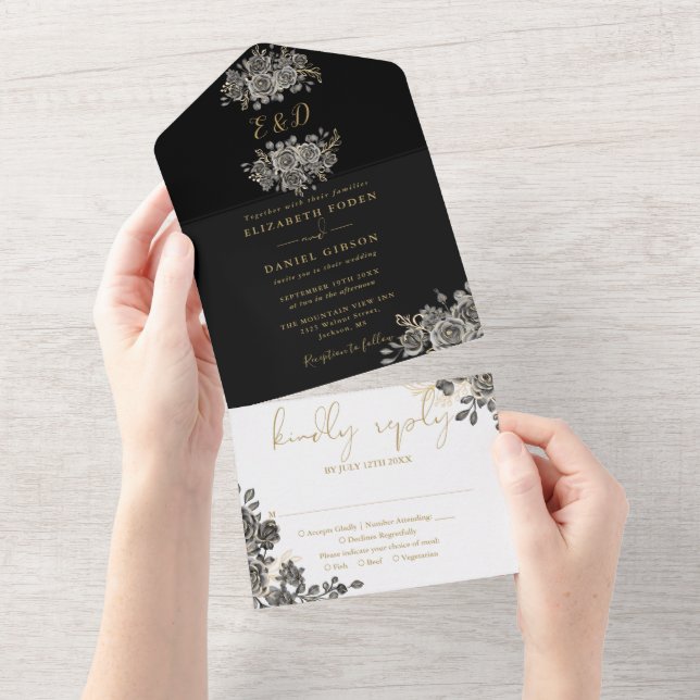 Gothic Gold And Black Floral Monongram Wedding All In One Invitation (Tearaway)