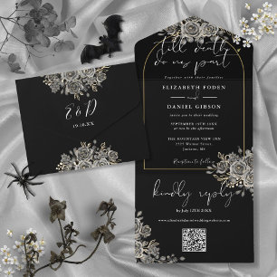 Gothic Gold Arch Black Roses QR Code Wedding All In One Invitation