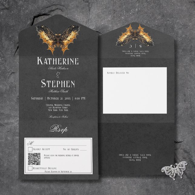 Gothic Gold & Black Moth Moody QR Code All In One Invitation (Gothic Black & Gold Moth Moody All In One Wedding Invitation with QR Code)