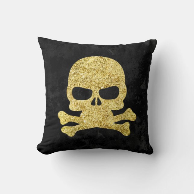 Gothic Gold Faux Glitter Skull & Cross Bones Cushion (Front)