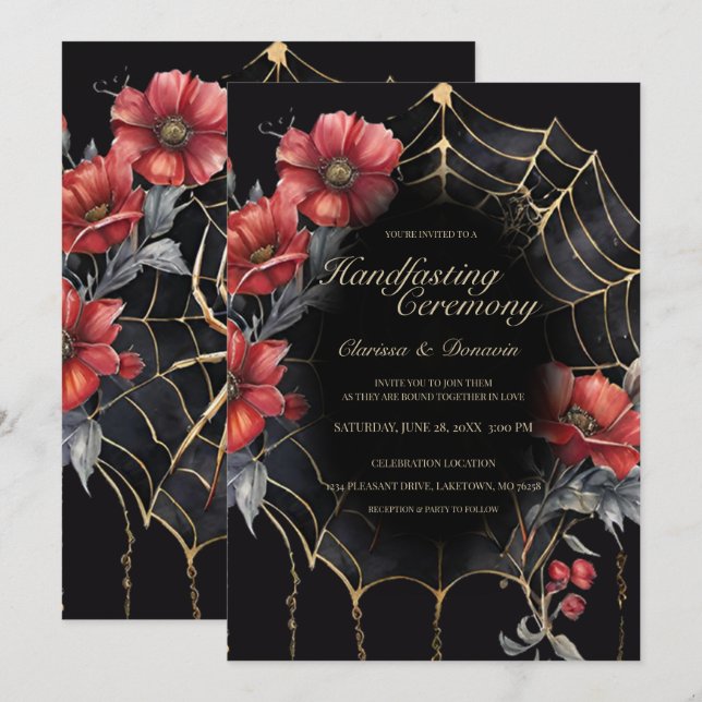 Gothic Gold & Red Spider Floral Web Handfasting Invitation (Front/Back)