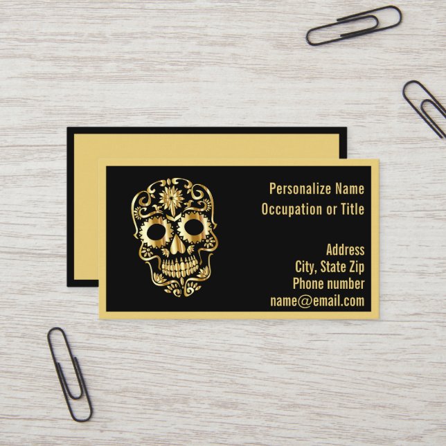 Gothic Gold Skeleton Skull on Black  Business Card (Front/Back In Situ)