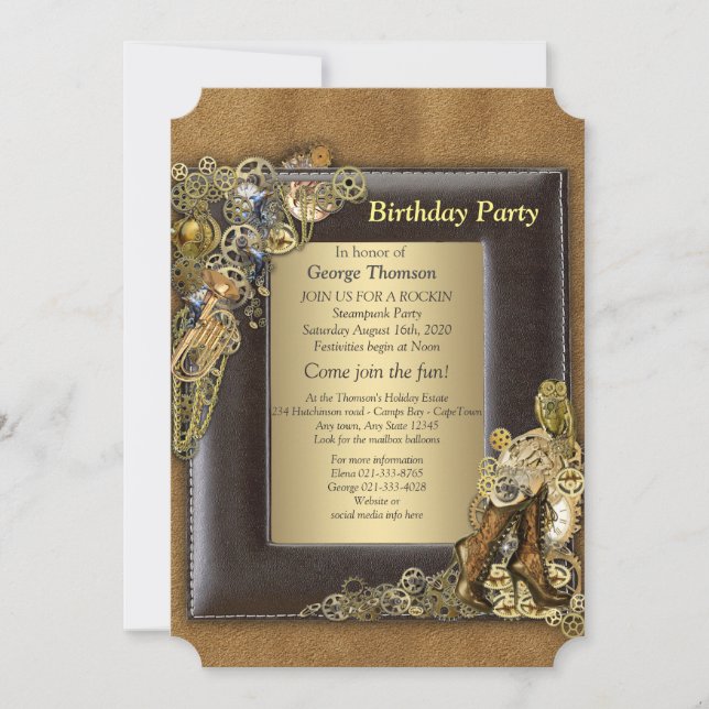 Gothic - Gold Steampunk Birthday Party Invitation (Front)