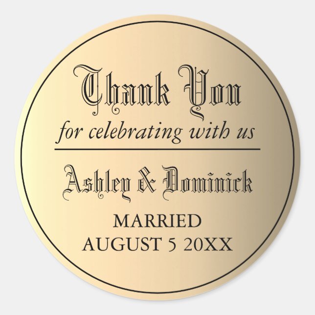 Gothic Gold Thank You Wedding Favour  Classic Round Sticker (Front)