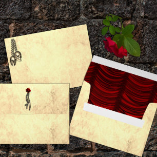 Gothic Golden Skulls and Red Silk Wedding Envelope