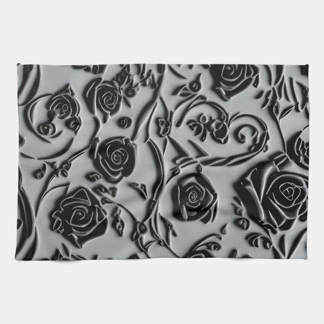 Gothic Graveyard Black Roses Pattern Tea Towel (Horizontal)