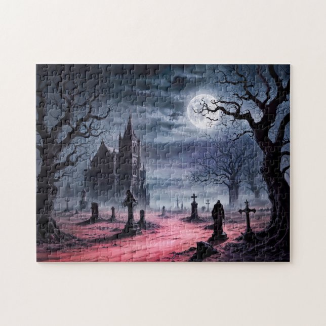 Gothic Graveyard Under Full Moon Jigsaw Puzzle (Horizontal)