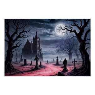 Gothic Graveyard Under Full Moon Poster