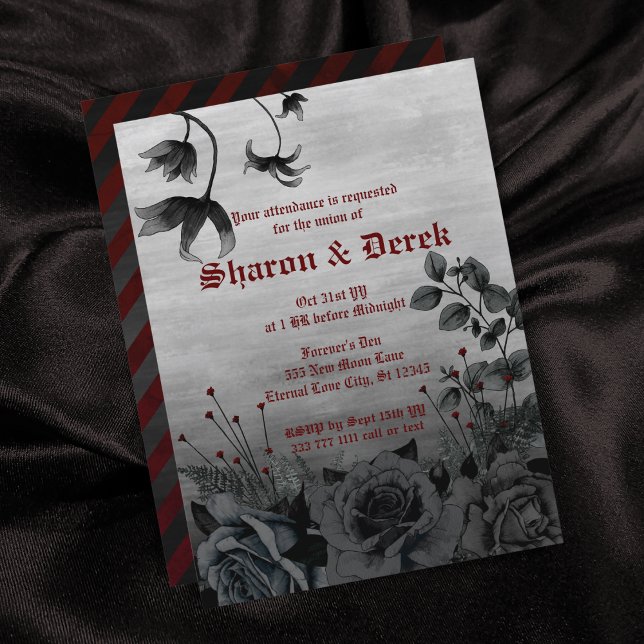 Gothic Gray Black Floral Red Lettering Wedding Invitation (Creator Uploaded)
