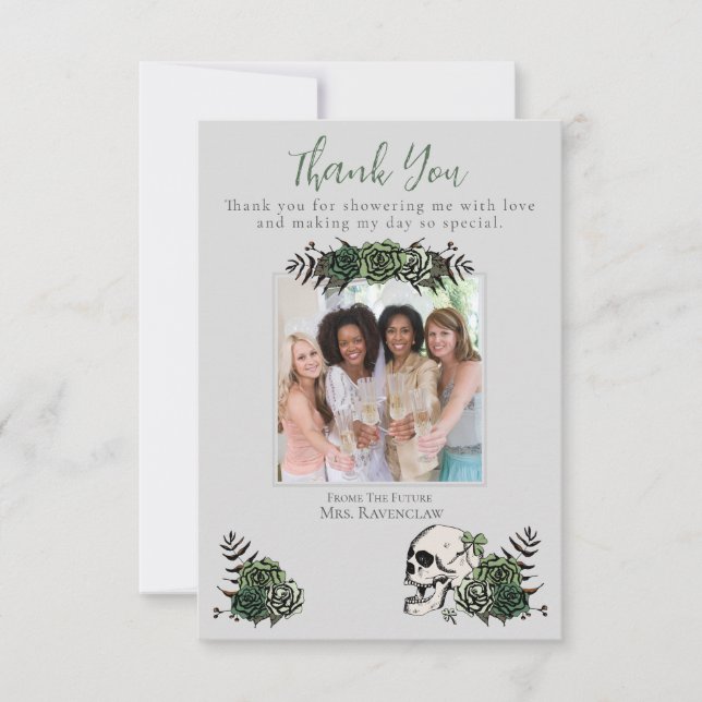 Gothic Green Skull and Flowers Irish Bridal Shower Thank You Card (Front)