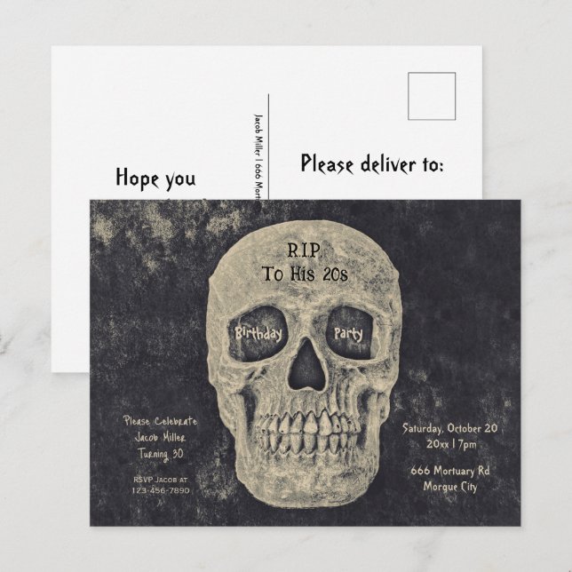 Gothic Grey Beige Skull Birthday RIP To His 20s Invitation Postcard (Front/Back)