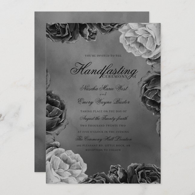 Gothic Grey Monochrome Elegant Floral Handfasting Invitation (Front/Back)
