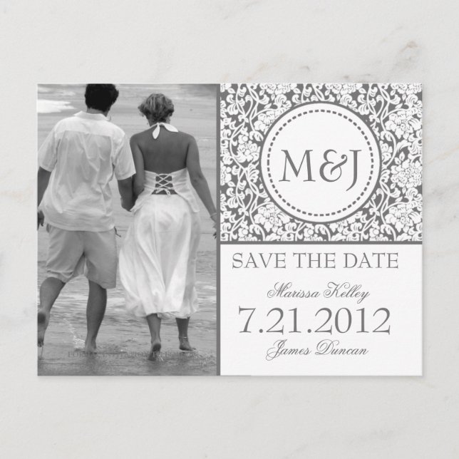 Gothic Grey on White Flourish Save the Date Announcement Postcard (Front)