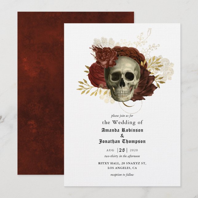 Gothic Grunge Floral Skull Wedding Invitation (Front/Back)