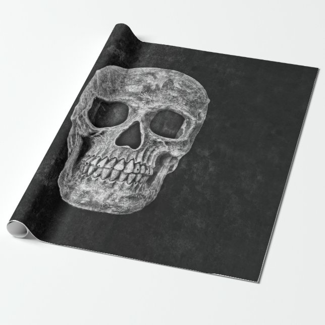 Gothic Grunge Skull Black And White Wrapping Paper (Unrolled)