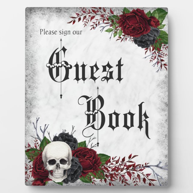 Gothic Guestbook Sign with Skull and Roses Plaque (Front)