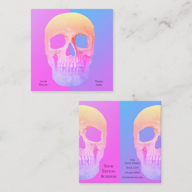 Gothic Half Skull Blue Pink Purple Tattoo Shop Square Business Card (Front/Back)