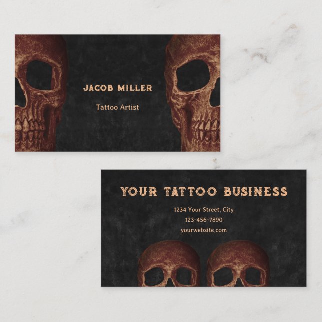 Gothic Half Skull Brown Black Tattoo Shop Business Card (Front/Back)