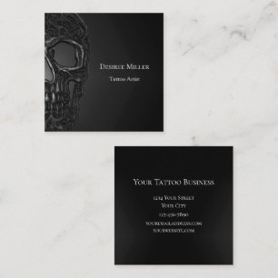 Gothic Half Skull Cool Grey Metallic Tattoo Shop Square Business Card