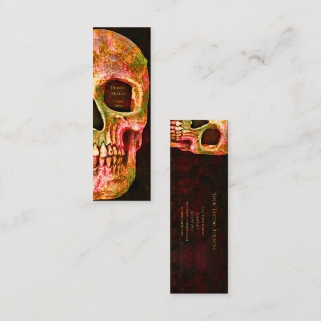 Gothic Half Skull Face Red Green Tattoo Shop Mini Business Card (Front/Back)