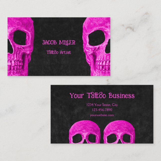 Gothic Half Skull Girly Pink Black Tattoo Shop Business Card (Front/Back)