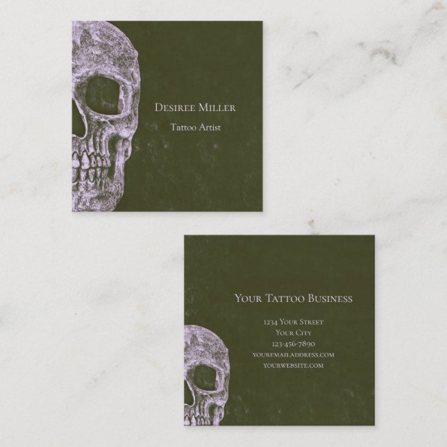 Gothic Half Skull Grunge Olive Green Tattoo Artist Square Business Card (Front/Back)