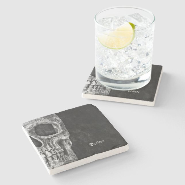 Gothic Half Skull Head Black And White Cool Grunge Stone Coaster (Side)