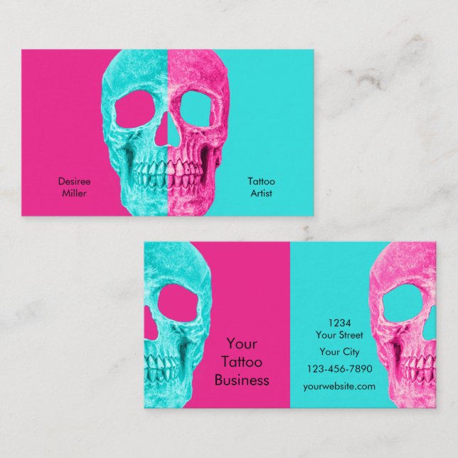 Gothic Half Skull Head Teal Pink Tattoo Shop Business Card (Front/Back)